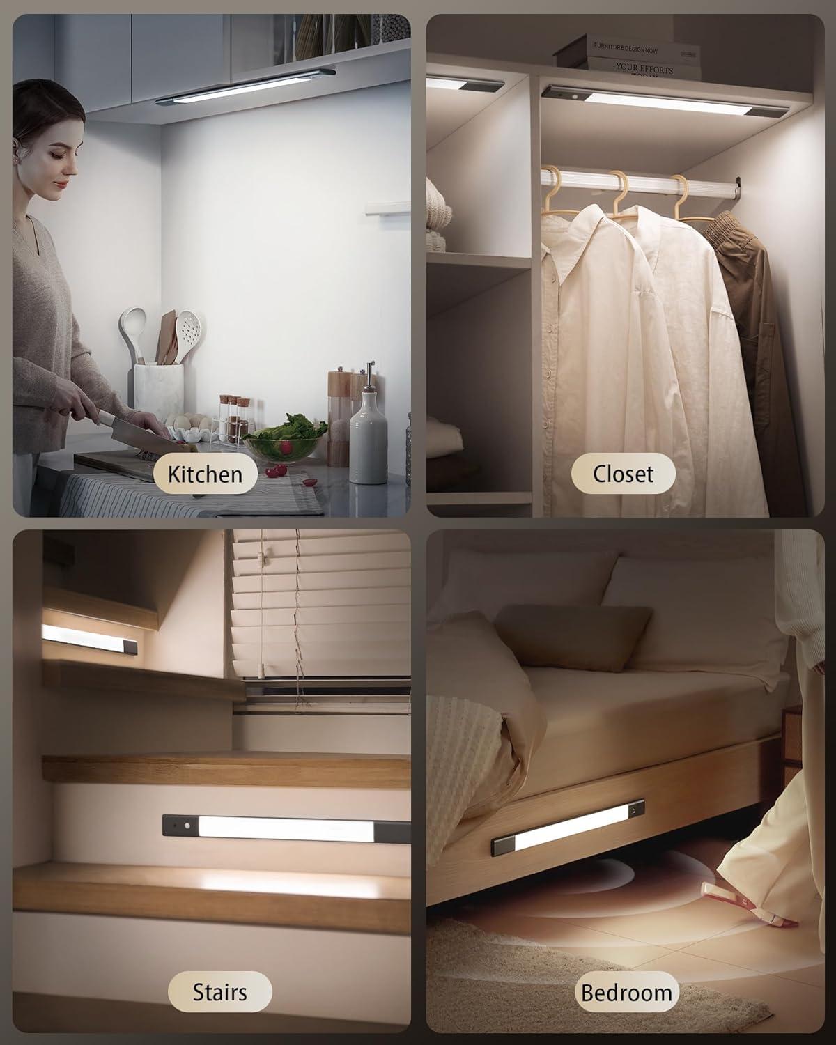 imageEZVALO Under Cabinet Lighting 2200mAh Rechargeable Battery 76 LEDs Dimmable Closet Lights 3 Color Temps Motion Sensor Light Indoor for Kitchen WardrobeSpace Gray