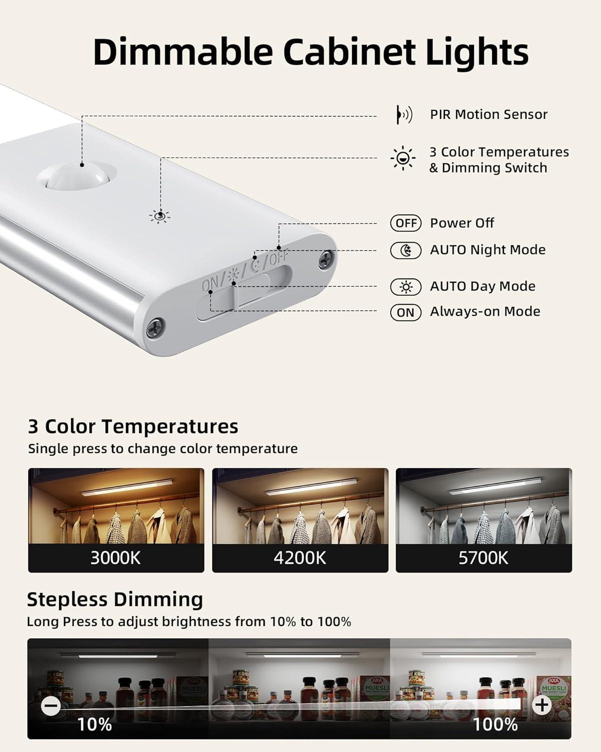 imageEZVALO Under Cabinet Lighting 2200mAh Rechargeable Battery 76 LEDs Dimmable Closet Lights 3 Color Temps Motion Sensor Light Indoor for Kitchen WardrobeSilver