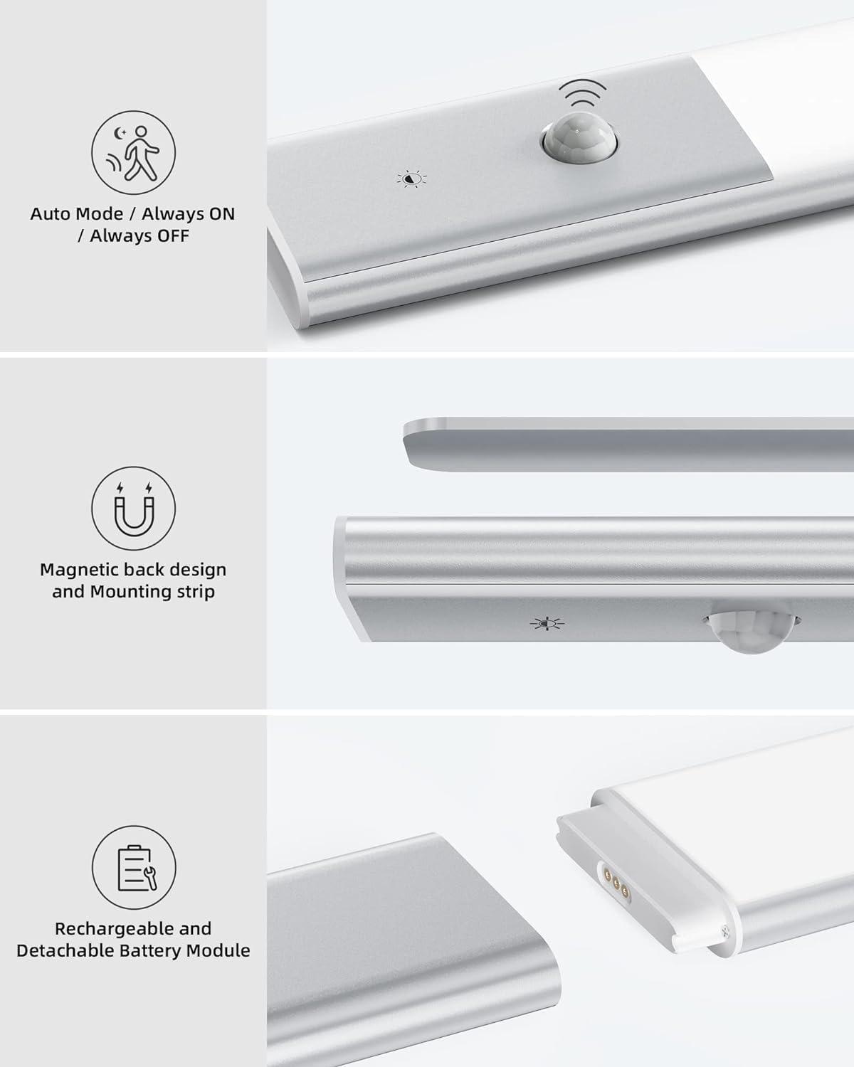 imageEZVALO Under Cabinet Lighting 2200mAh Rechargeable Battery 76 LEDs Dimmable Closet Lights 3 Color Temps Motion Sensor Light Indoor for Kitchen WardrobeSilver