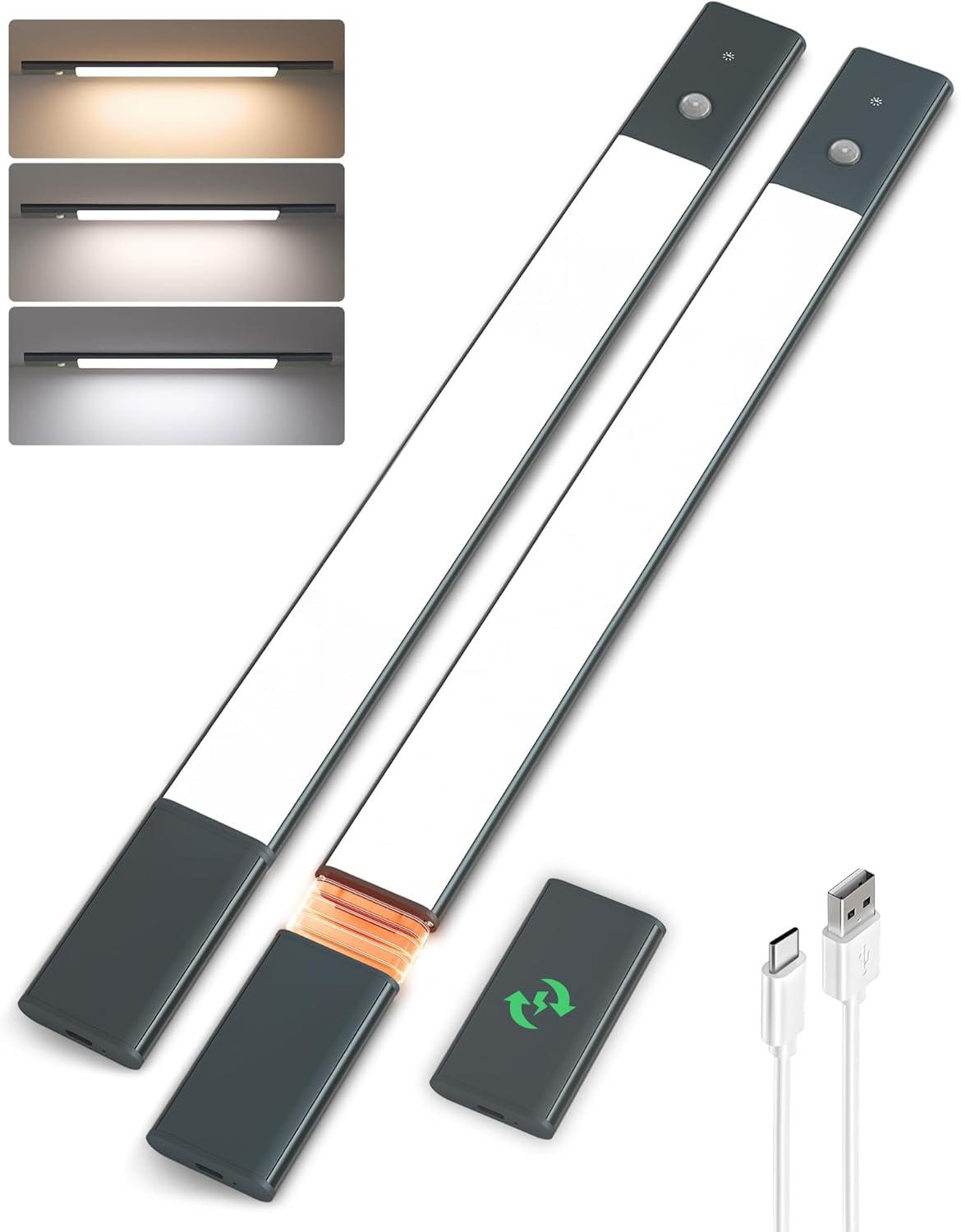 imageEZVALO Under Cabinet Lighting 2200mAh Rechargeable Battery 76 LEDs Dimmable Closet Lights 3 Color Temps Motion Sensor Light Indoor for Kitchen WardrobeSpace Gray