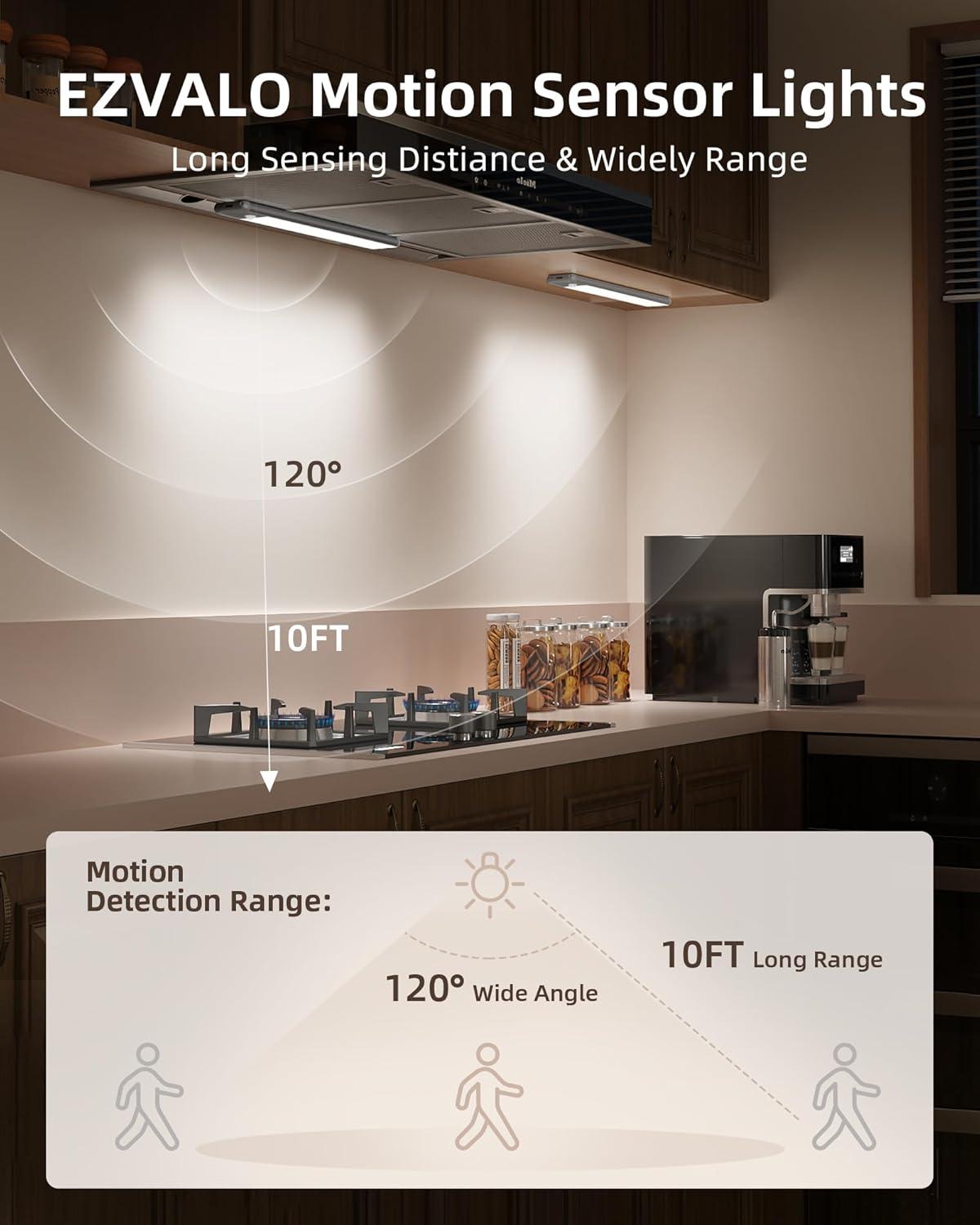imageEZVALO Under Cabinet Lights Wireless Rechargeable Motion Sensor Light Indoor Dimmable Led Closet Light Battery Operated Under Cabinet Lighting Under Counter Lights for Kitchen Wardrobe 3500KWarmSpace Grey