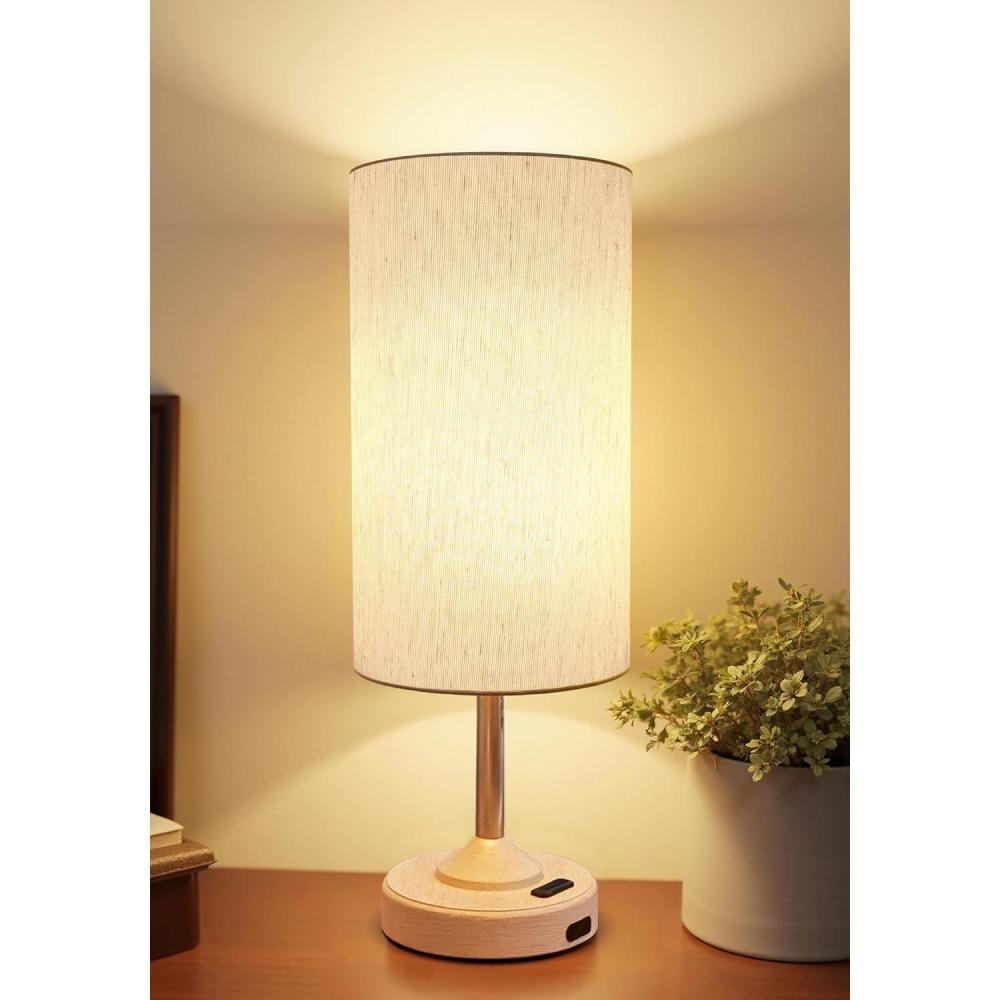 imageBedside Table Lamp Cordless Dimmable Touch Timer 2700K Bedroom Portable LED Wireless Rechargeable Battery Operated Desk Lamp Fabric Shade WoodGrain Finish Living Room Dining RoomWood