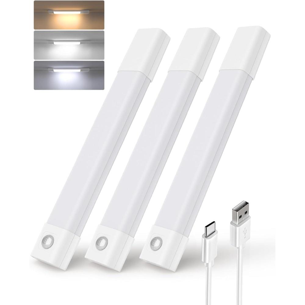 imageEZVALO 3 Pack 7 Motion Sensor Light Indoor Wireless Under Cabinet Lighting 30 LED Rechargeable Closet Lights Dimmable 3 Color Temperatures Counter Lights for Wardrobe Pantry Bedroom KitchenWhite