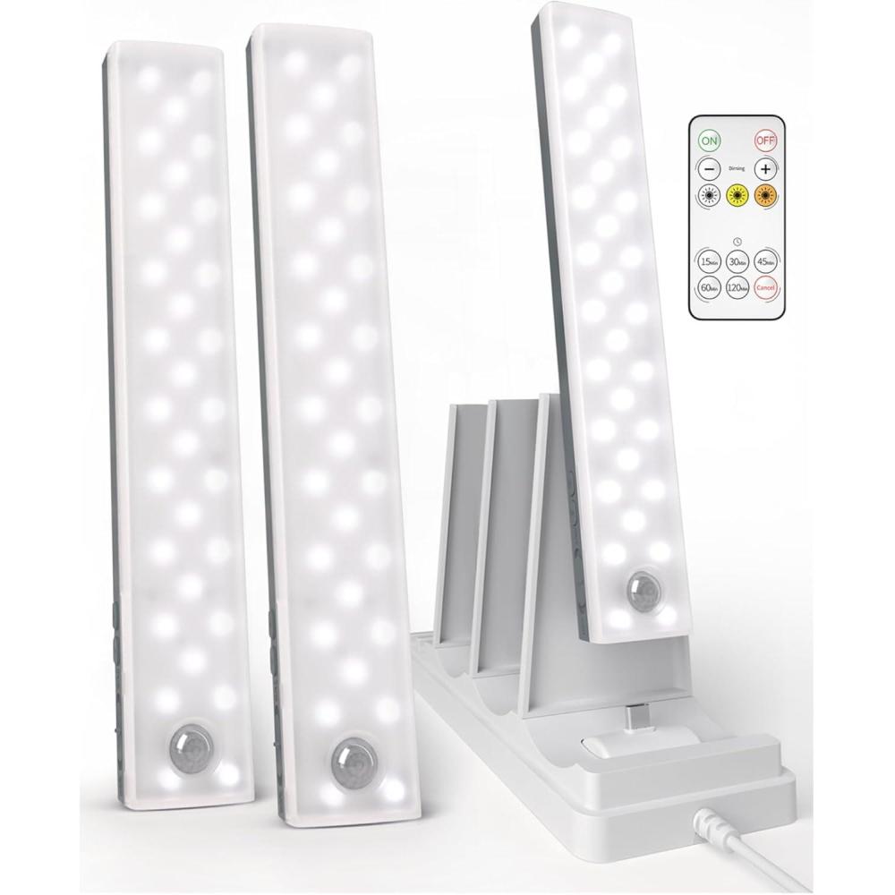 imageEZVALO 6Pack Under Cabinet Lighting with Charging Station 2000mAh Rechargeable Wireless Motion Sensor Lights 3 Color Temps Dimmable Timer Magnetic with Remote Control for Kitchen Closet Stair3Pack with Station