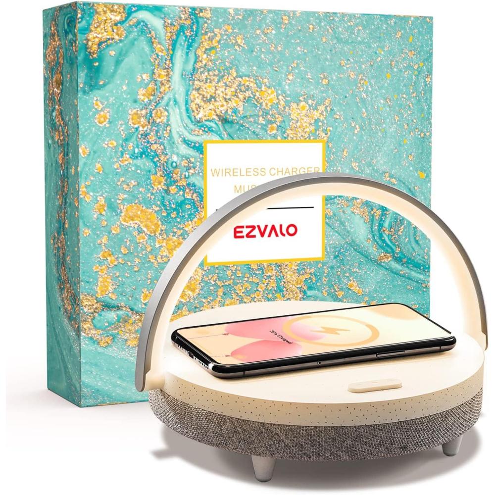 imageEZVALO Gift for Her Music Table Lamp with Wireless Charger 4 in 1 Touch Bedside Lamp Portable Bluetooth Speaker Phone Holder Dimmable LED Night Lights Birthday Gifts for Women Men Dad MomWhite