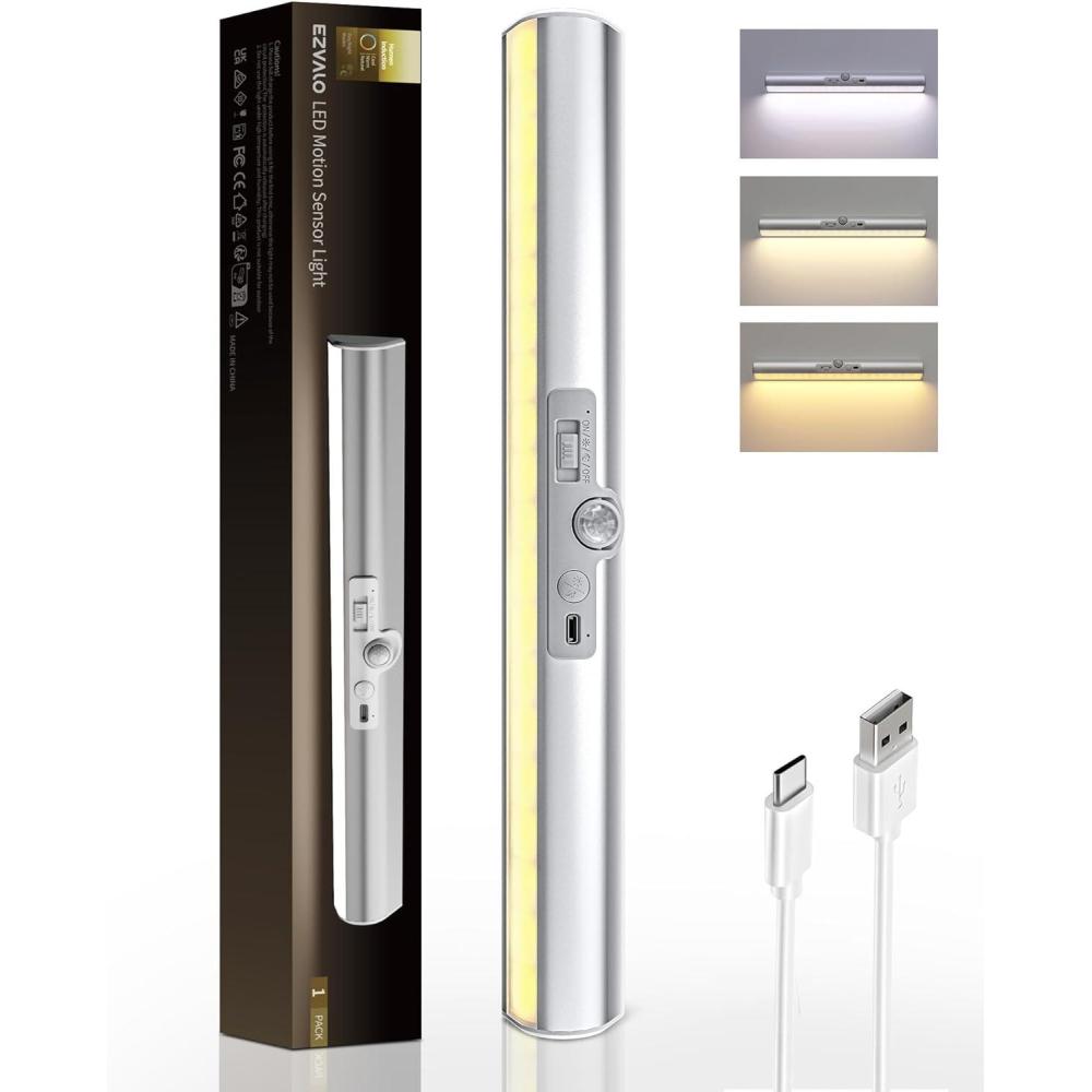 imageEZVALO Motion Sensor Closet Lights 2 Pack Rechargeable LED Lights with Rotatable Sensor GlareFree 3 Color Temps ampamp Dimmable Magnetic Under Cabinet Lighting for Closet Pantry1Pack