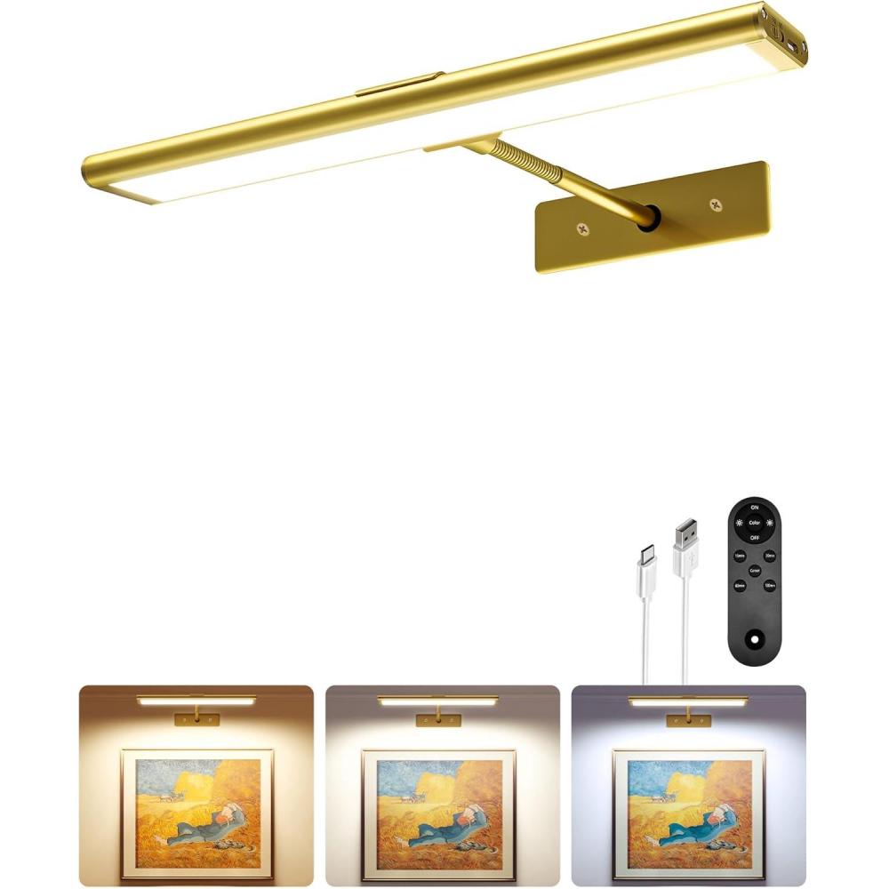 imageEZVALO Picture Light for Wall 4800mAh Rechargeable Wireless Remote 16in Dimmable Magnetic LED Art Display Light with 3 Color Temperatures for Gallery Living Room Bedroom Hallway GoldBright Gold