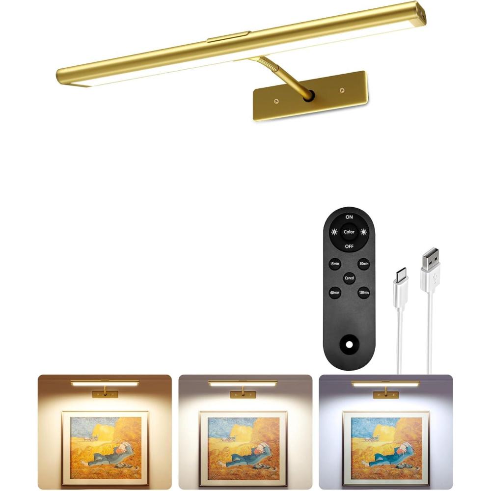 imageEZVALO Picture Light for Wall 4800mAh Rechargeable Wireless Remote 16in Dimmable Magnetic LED Art Display Light with 3 Color Temperatures for Gallery Living Room Bedroom Hallway GoldGold