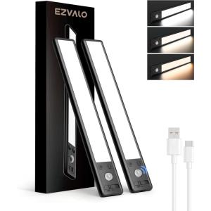 imageEZVALO 10inch Under Cabinet Lighting 2500mAh Rechargeable Motion Sensor Lights Indoor with 3 Color Temps 2 Pack Magnetic Closet Light 80 LED Dimmable Under Counter Lights for Kitchen Shelf StairBlack