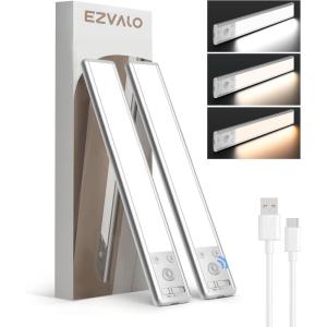 imageEZVALO 10inch Under Cabinet Lighting 2500mAh Rechargeable Motion Sensor Lights Indoor with 3 Color Temps 2 Pack Magnetic Closet Light 80 LED Dimmable Under Counter Lights for Kitchen Shelf StairSilver
