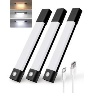 imageEZVALO 3 Pack 7 Motion Sensor Light Indoor Wireless Under Cabinet Lighting 30 LED Rechargeable Closet Lights Dimmable 3 Color Temperatures Counter Lights for Wardrobe Pantry Bedroom KitchenBlack