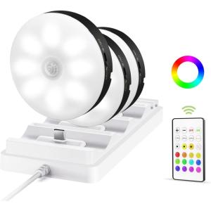 imageEZVALO 6Pack Under Cabinet Lighting Rechargeable Motion Sensor Puck Lights with Remote 3 Color Temps ampamp12 RGB Colors Magnetic Stick on Light Dimmable Under Counter Lights for Kitchen Shelf StairBlack