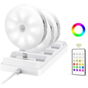 imageEZVALO 6Pack Under Cabinet Lighting Rechargeable Motion Sensor Puck Lights with Remote 3 Color Temps ampamp12 RGB Colors Magnetic Stick on Light Dimmable Under Counter Lights for Kitchen Shelf StairWhite