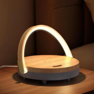 imageEZVALO Gift for Her Music Table Lamp with Wireless Charger 4 in 1 Touch Bedside Lamp Portable Bluetooth Speaker Phone Holder Dimmable LED Night Lights Birthday Gifts for Women Men Dad MomWood Grain