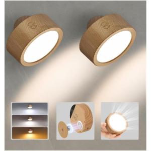 imageEZVALO LED Wall Mounted Lights 5500mAh Rechargeable Wall Sconces Lamp 3 Color Temps ampamp Remote and Touch Control 360Rotation Dimmable Cordless Wall Light for Bedroom Reading Study Bedside 2 PackWood